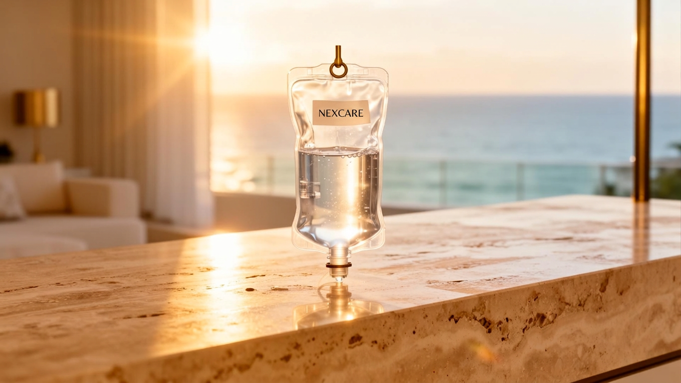 Premium IV therapy bag in a Miami penthouse at golden hour